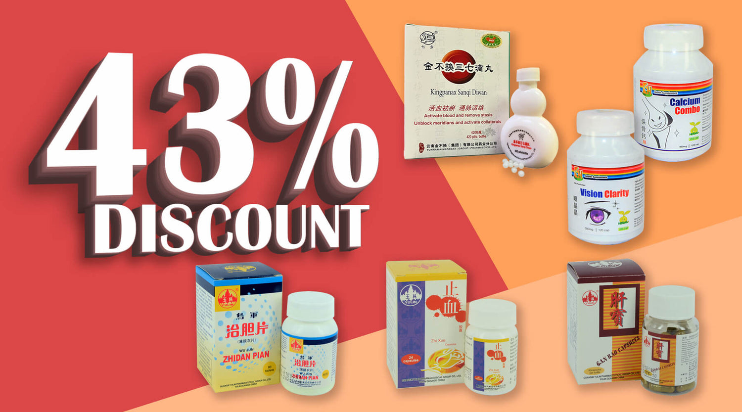 43% Discount off your favourite products:
KH Calcium Combo
KH Vision Clarity
Kingpanax Sanqi Diwan
Yulin Gan Bao Capsules
Yulin Zhi Xue Capsules
Yulin Zhi Dan Pian