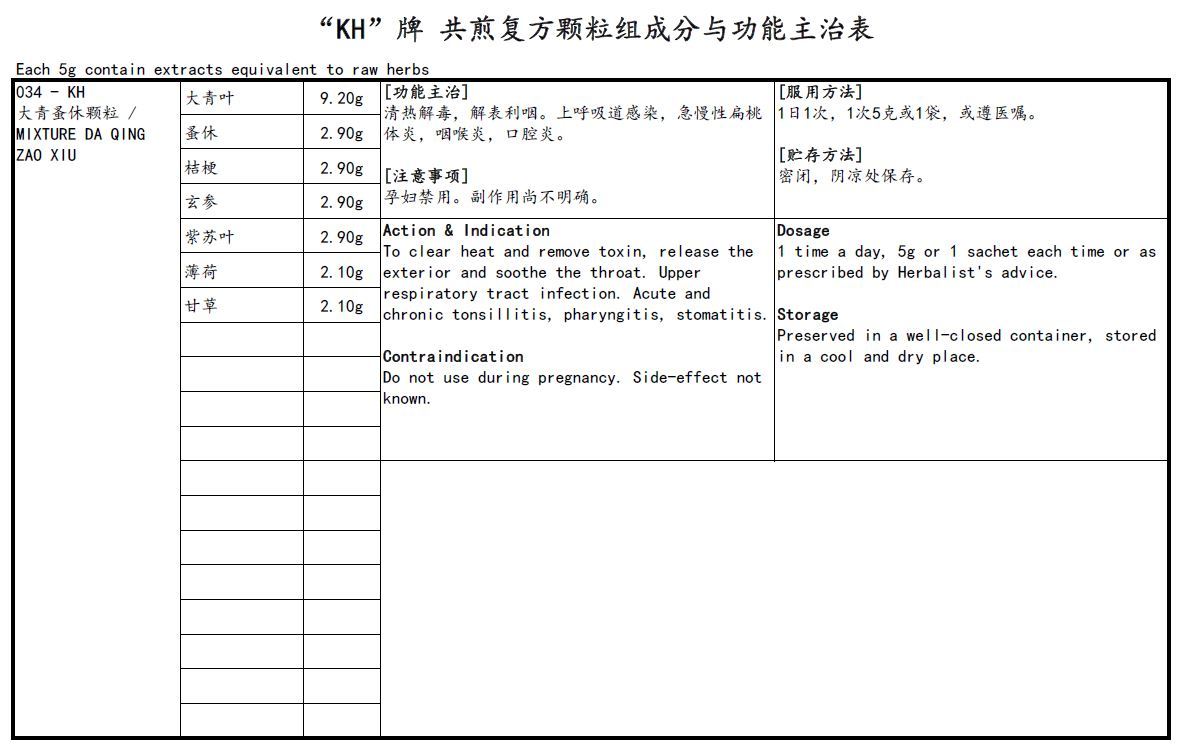 KINHONG PTE LTD 庆丰私人有限公司 MIXTURE 复方颗粒 Mixture Da Qing Zao Xiu 大青蚤休颗粒