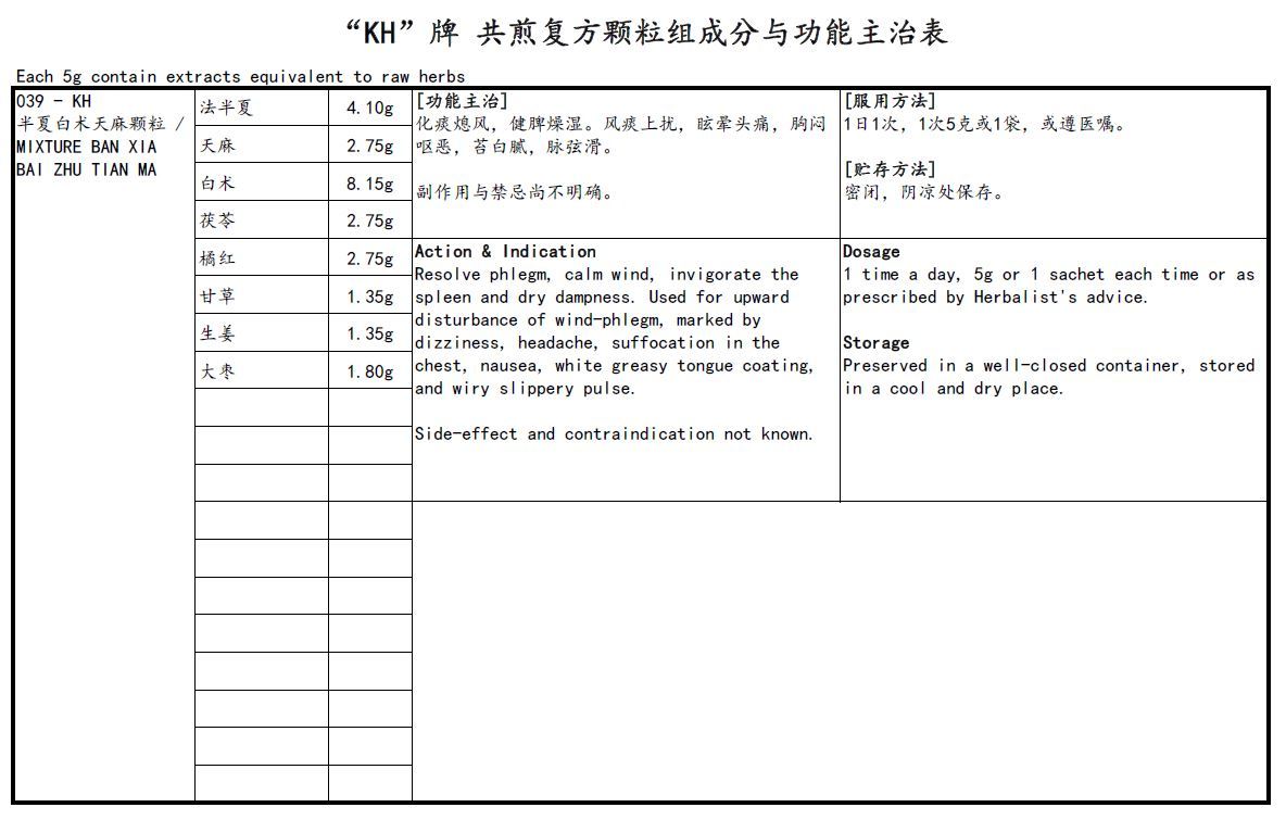 KINHONG PTE LTD 庆丰私人有限公司 MIXTURE 复方颗粒 Mixture Ban Xia Bai Zhu Tian Ma 半夏白术天麻颗粒