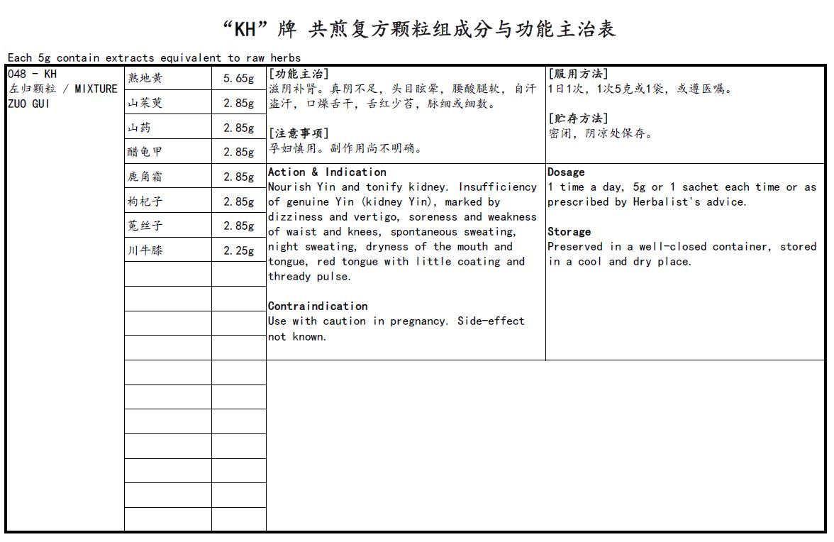 KINHONG PTE LTD 庆丰私人有限公司 MIXTURE 复方颗粒 Mixture Zuo Gui 左归颗粒