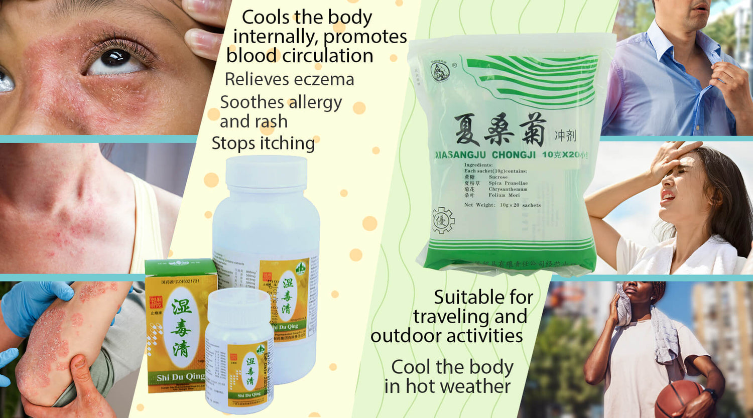 Shi Du Qing is good for eczema, rashes and itching which can be aggravated due to high heat and humidity. 
Xiasang Ju is a suitable cooling tea for cooling the body of heat, reducing further sickness. 
