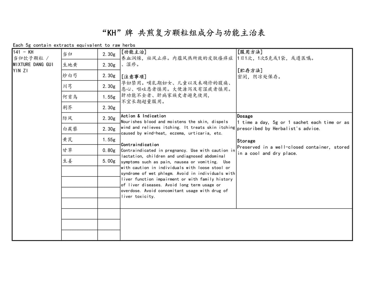 KINHONG PTE LTD 庆丰私人有限公司 MIXTURE 复方颗粒 Mixture Dang Gui Yin Zi 当归饮子颗粒