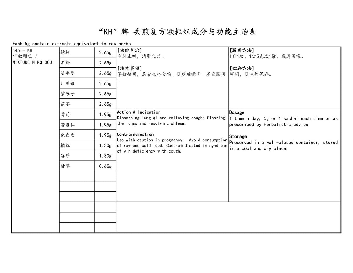 KINHONG PTE LTD 庆丰私人有限公司 MIXTURE 复方颗粒 Mixture Ning Sou 宁嗽颗粒