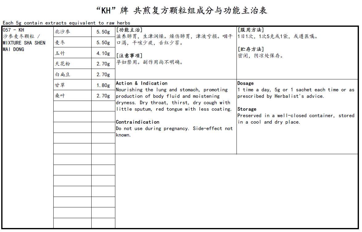 KINHONG PTE LTD 庆丰私人有限公司 MIXTURE 复方颗粒 Mixture Sha Shen Mai Dong 沙参麦冬颗粒