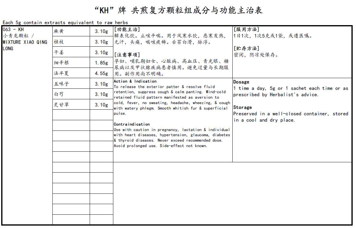 KINHONG PTE LTD 庆丰私人有限公司 MIXTURE 复方颗粒 Mixture Xiao Qing Long 小青龙颗粒